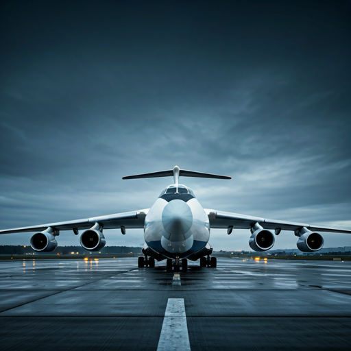 Wide shot of a heavy cargo aircraft on a misty runway at dusk