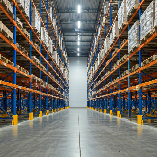 Modern logistics warehouse interior with organized high-shelf storage